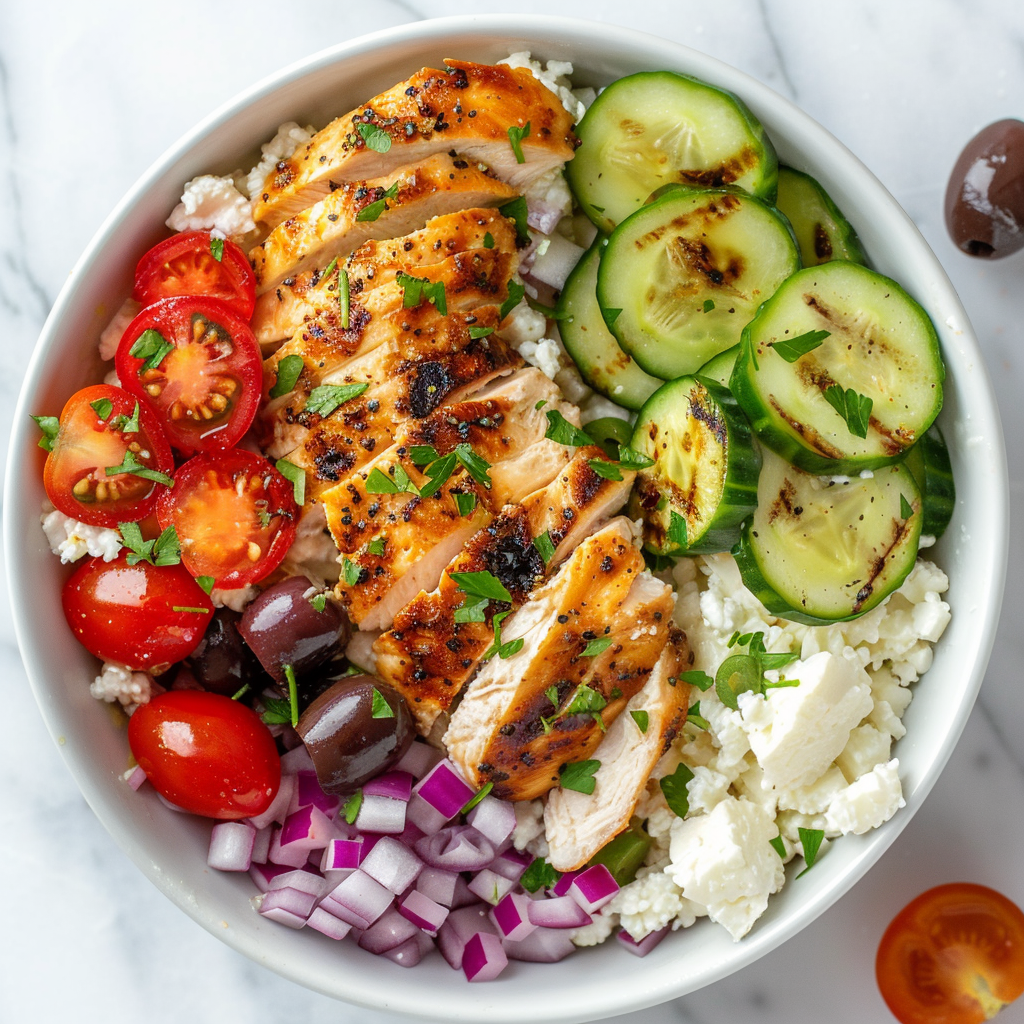 greek chicken cottage cheese bowl