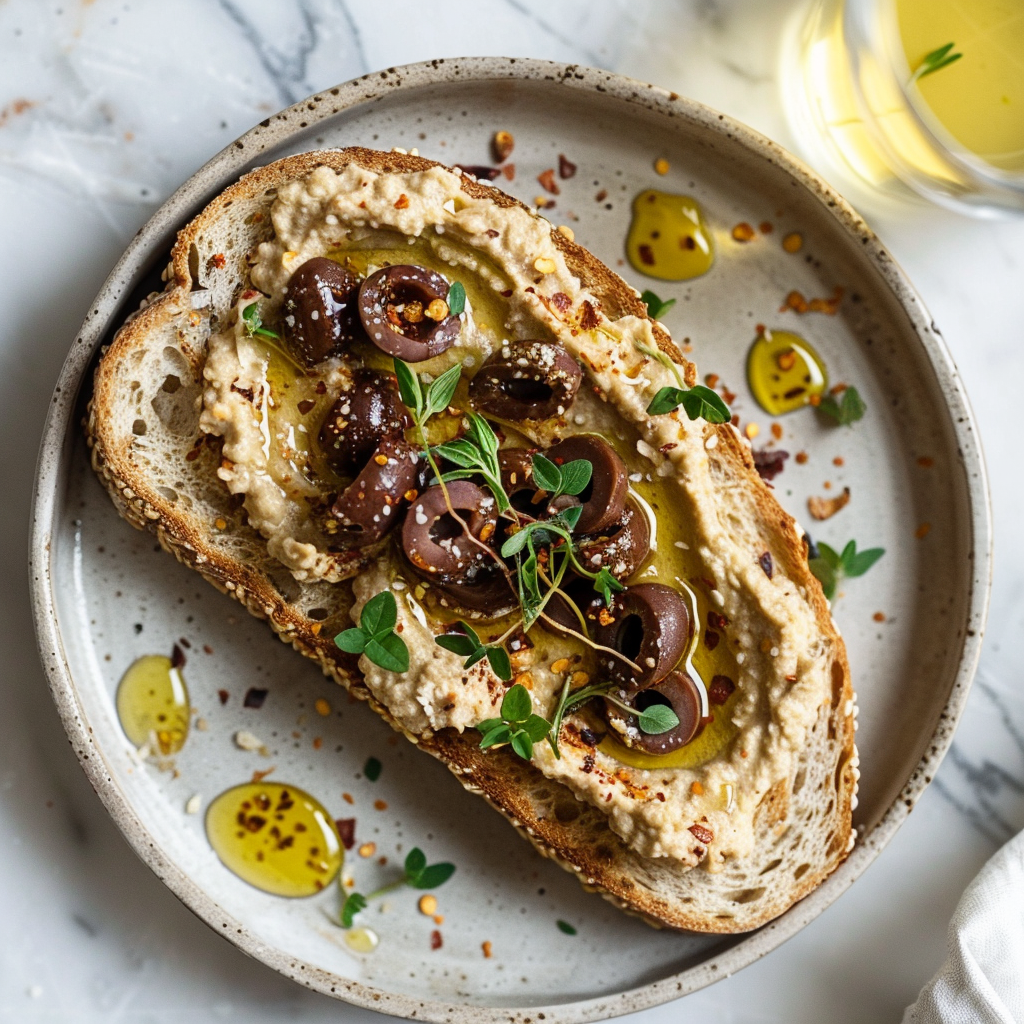 hummus and olive tapenade toast