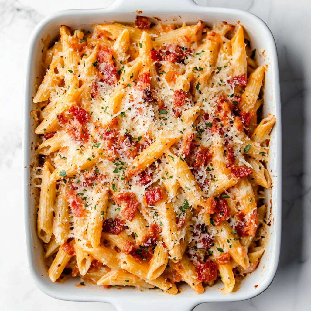 bacon and tomato cottage cheese pasta bake
