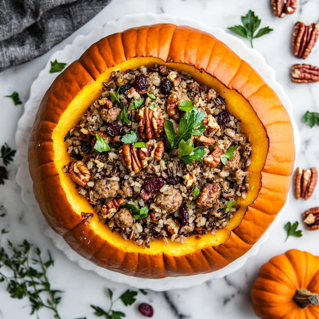 pumpkin stuffed with wild rice and sausage