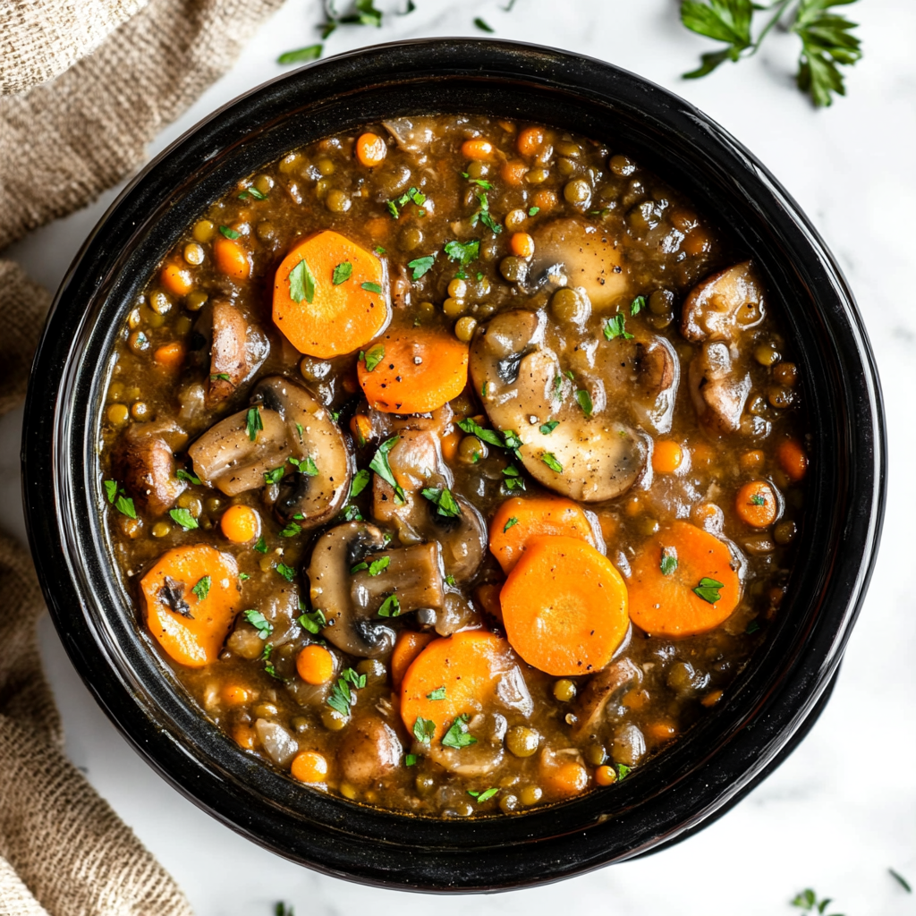 crockpot mushroom and lentil stew