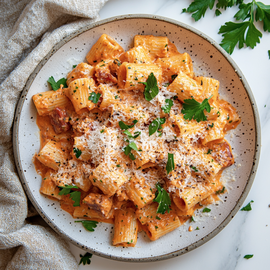 creamy sausage and tomato rigatoni