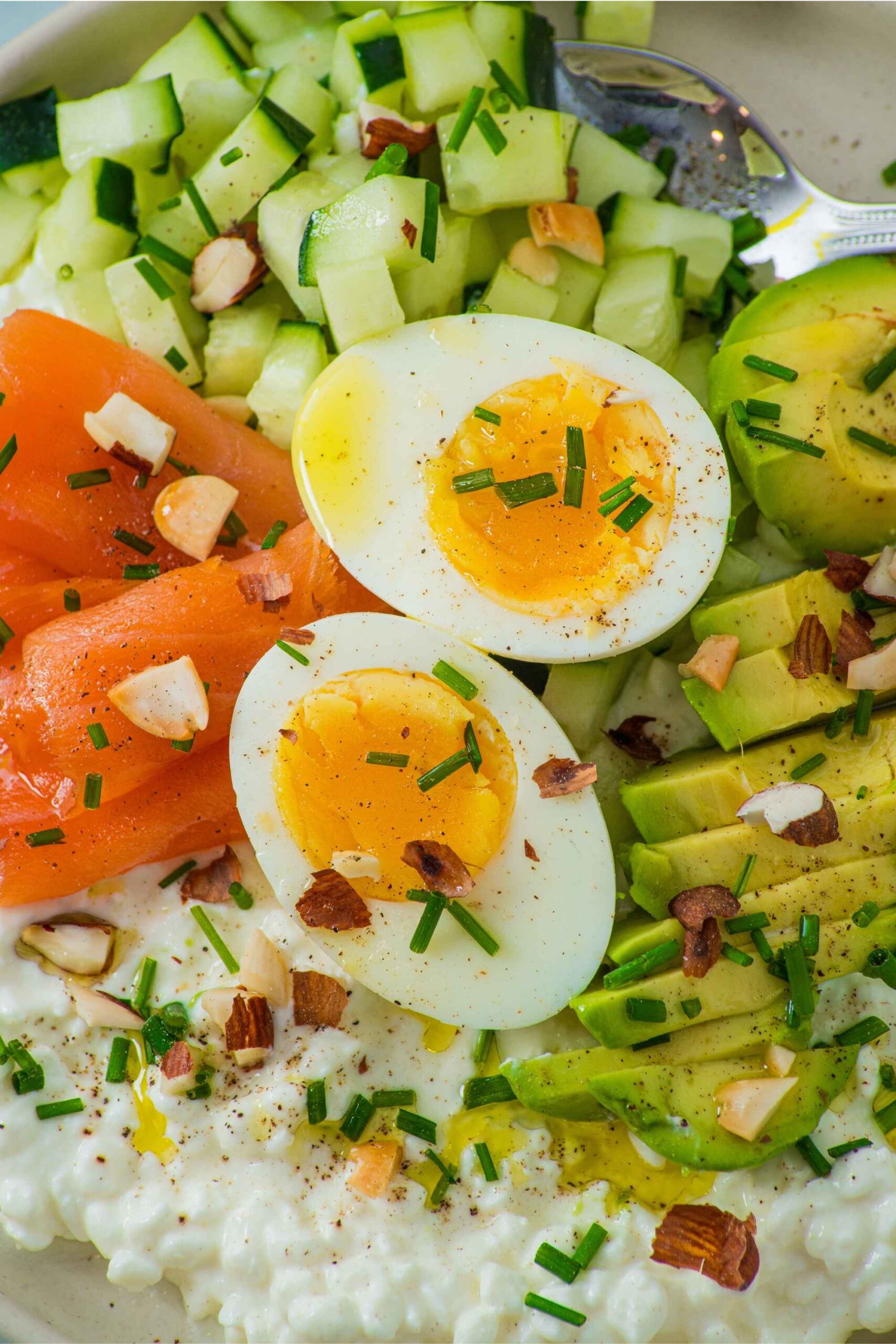 cottage cheese salad with smoked salmon closeup