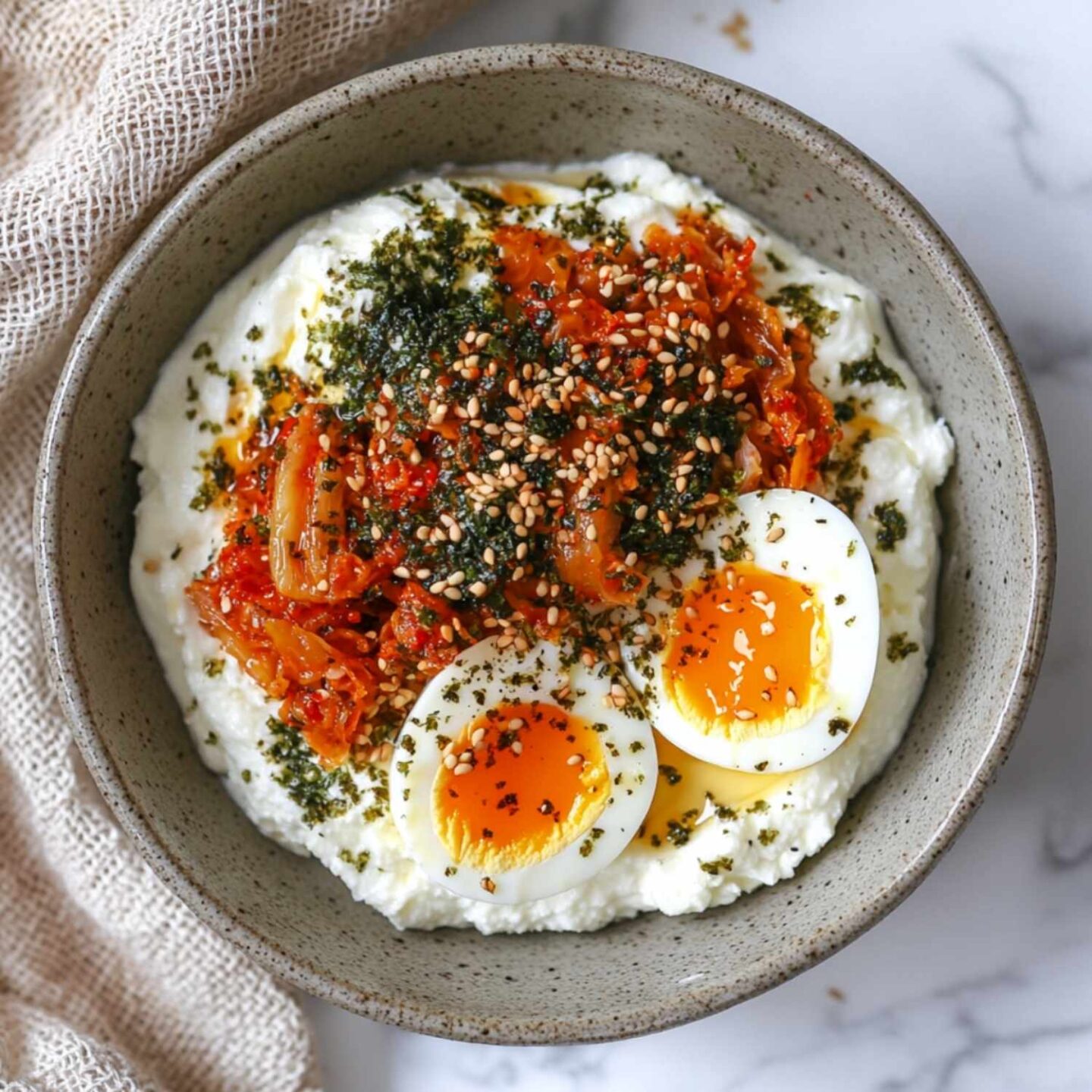 kimchi egg cottage cheese bowl