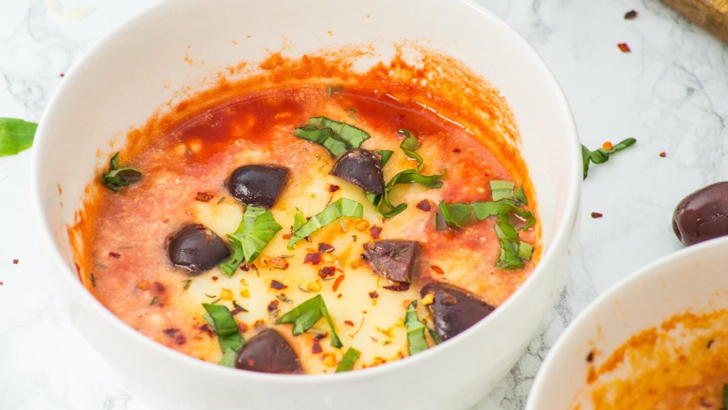 close up cottage cheese pizza bowl