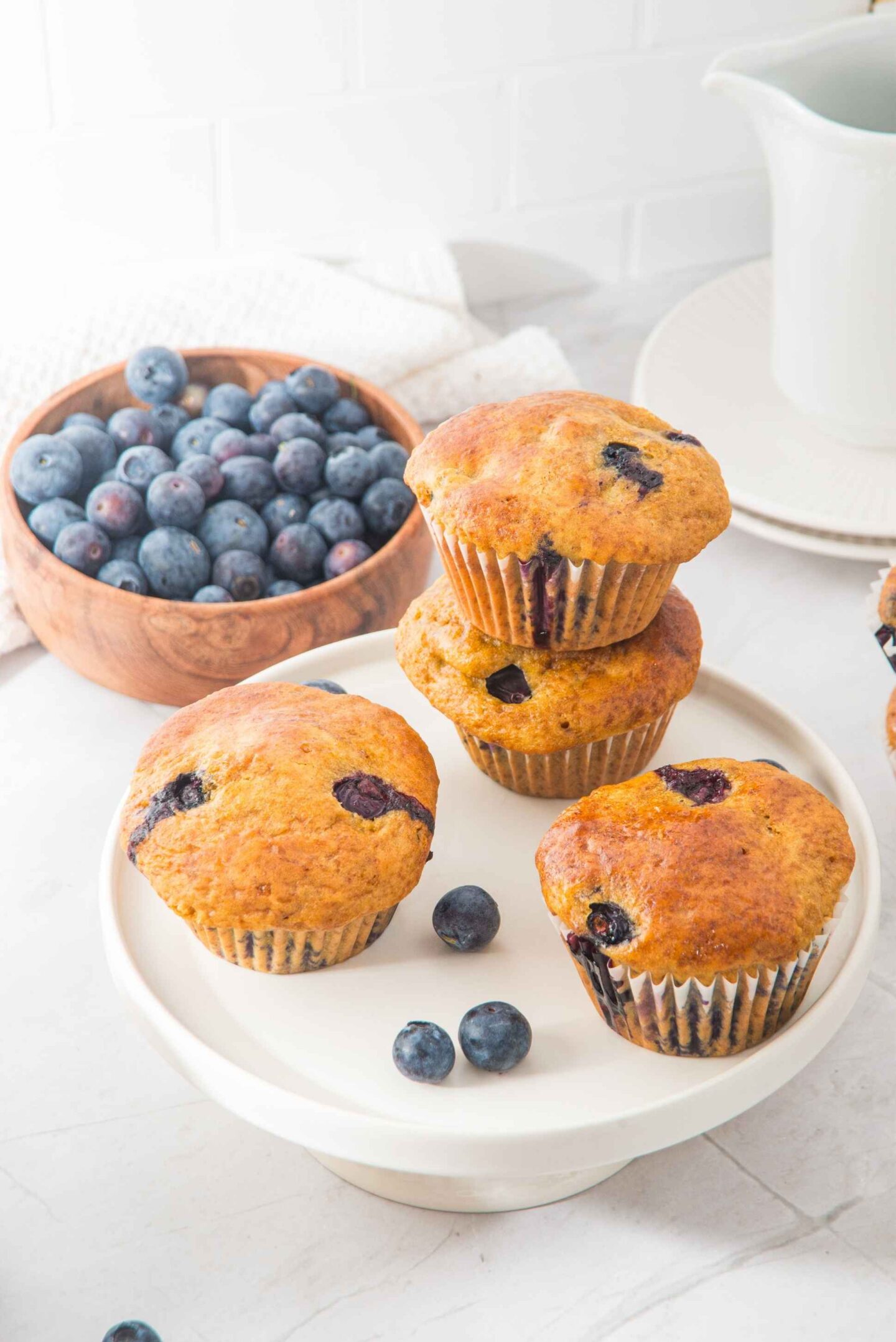cottage cheese blueberry muffins on stand