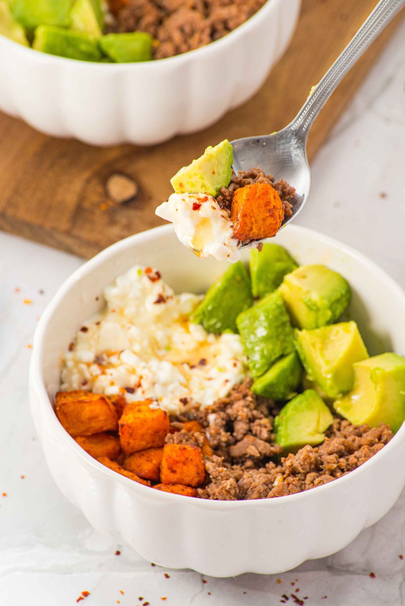 cottage cheese sweet potato beef bowl