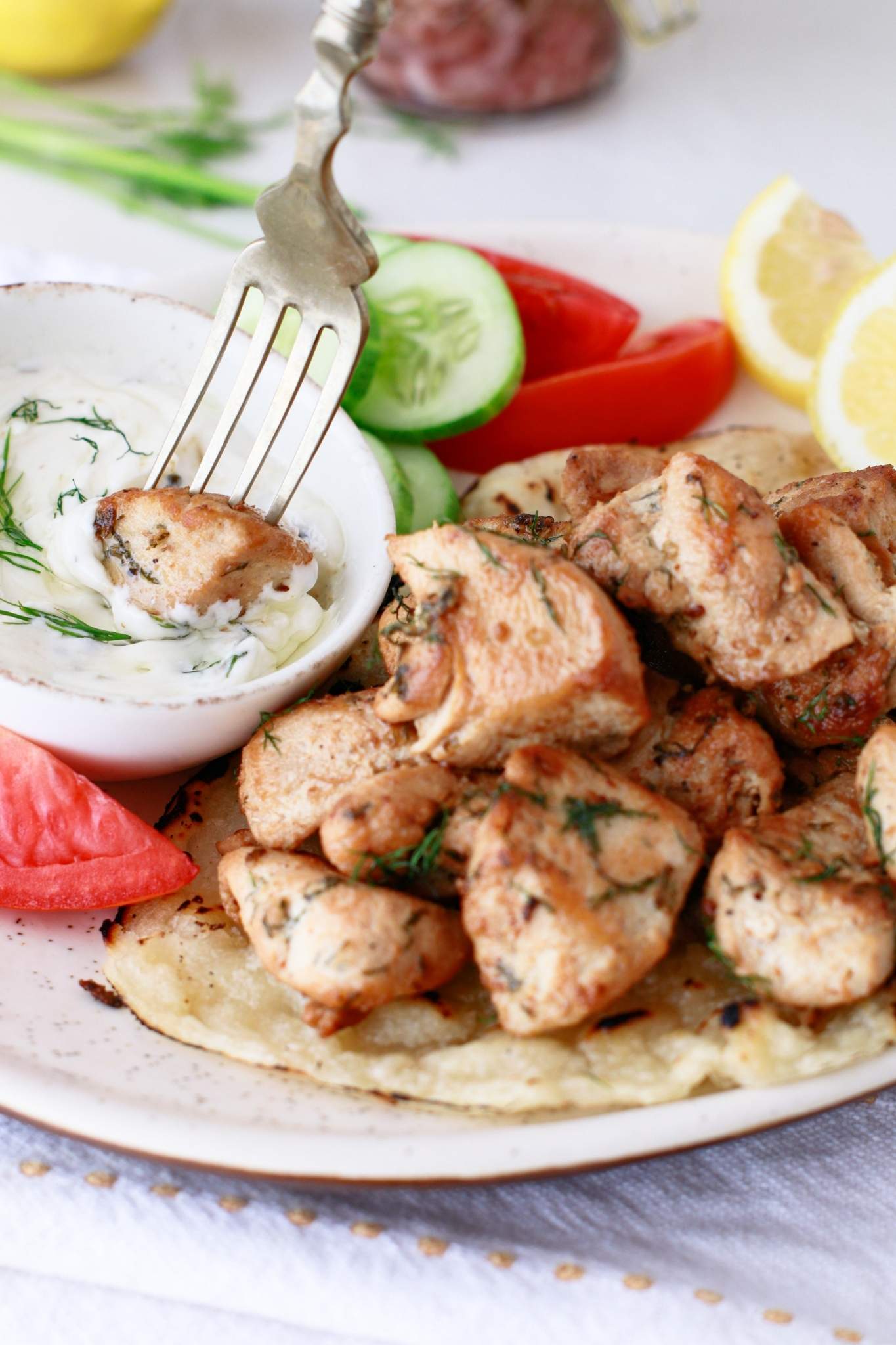 greek chicken bites on fork