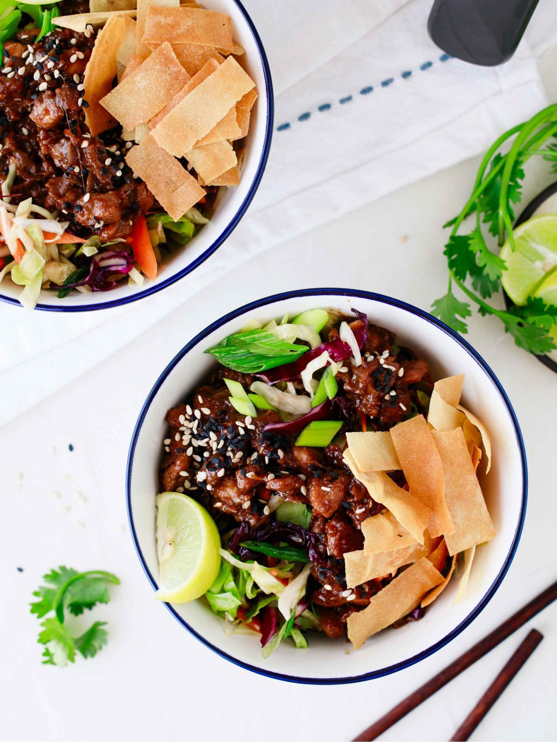 teriyaki chicken wonton taco bowls