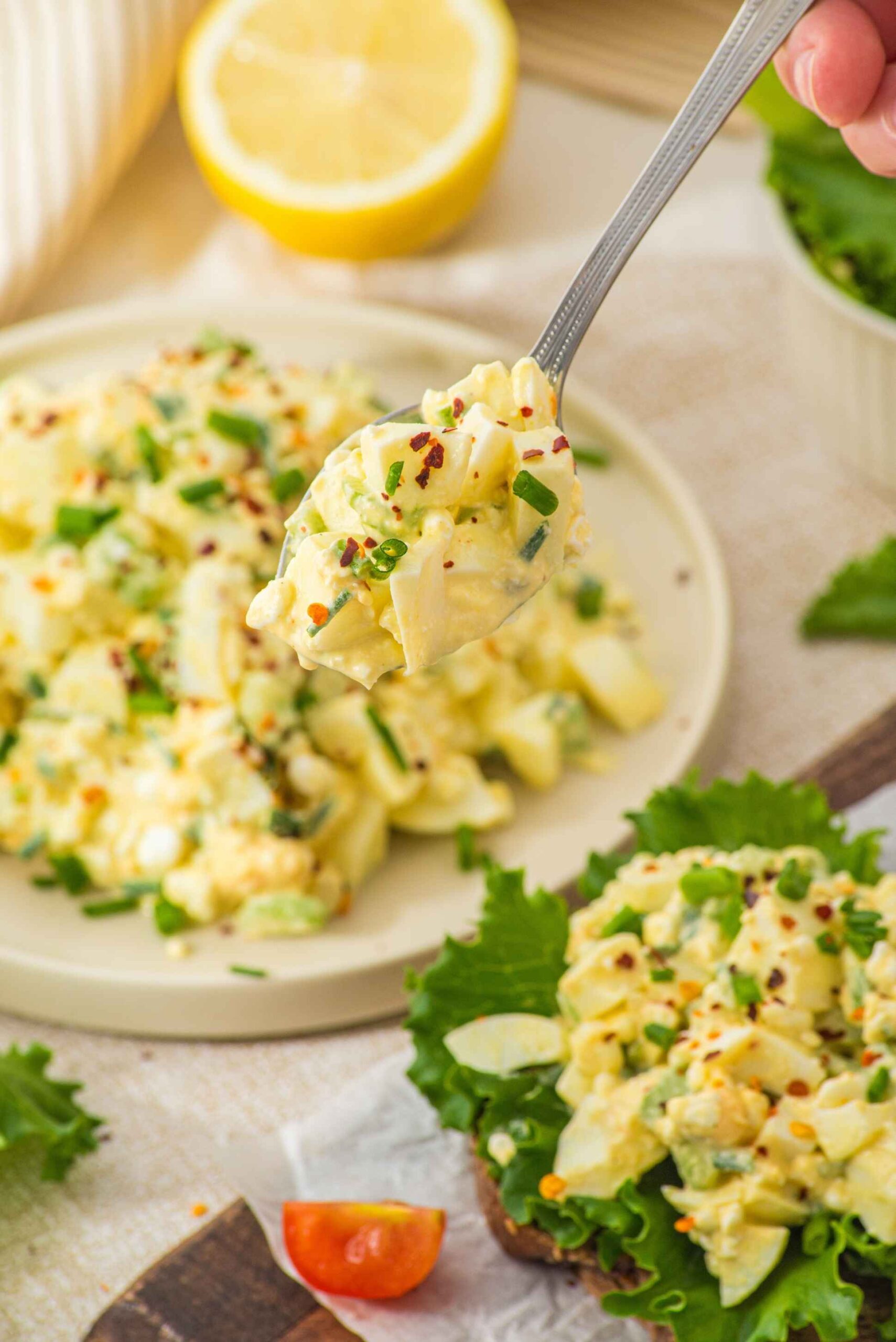 cottage cheese egg salad on spoon