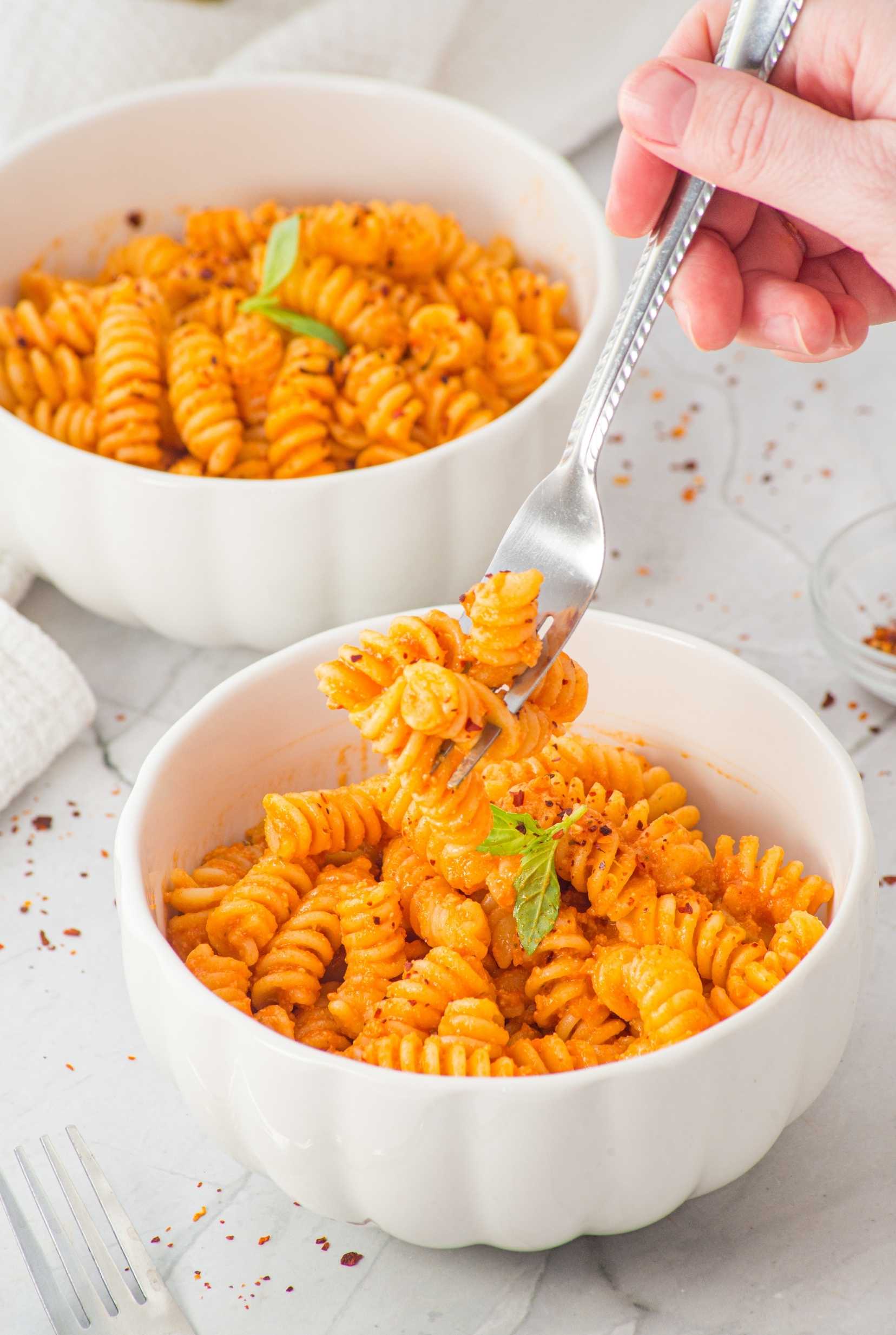 creamy cottage cheese pasta in bowl