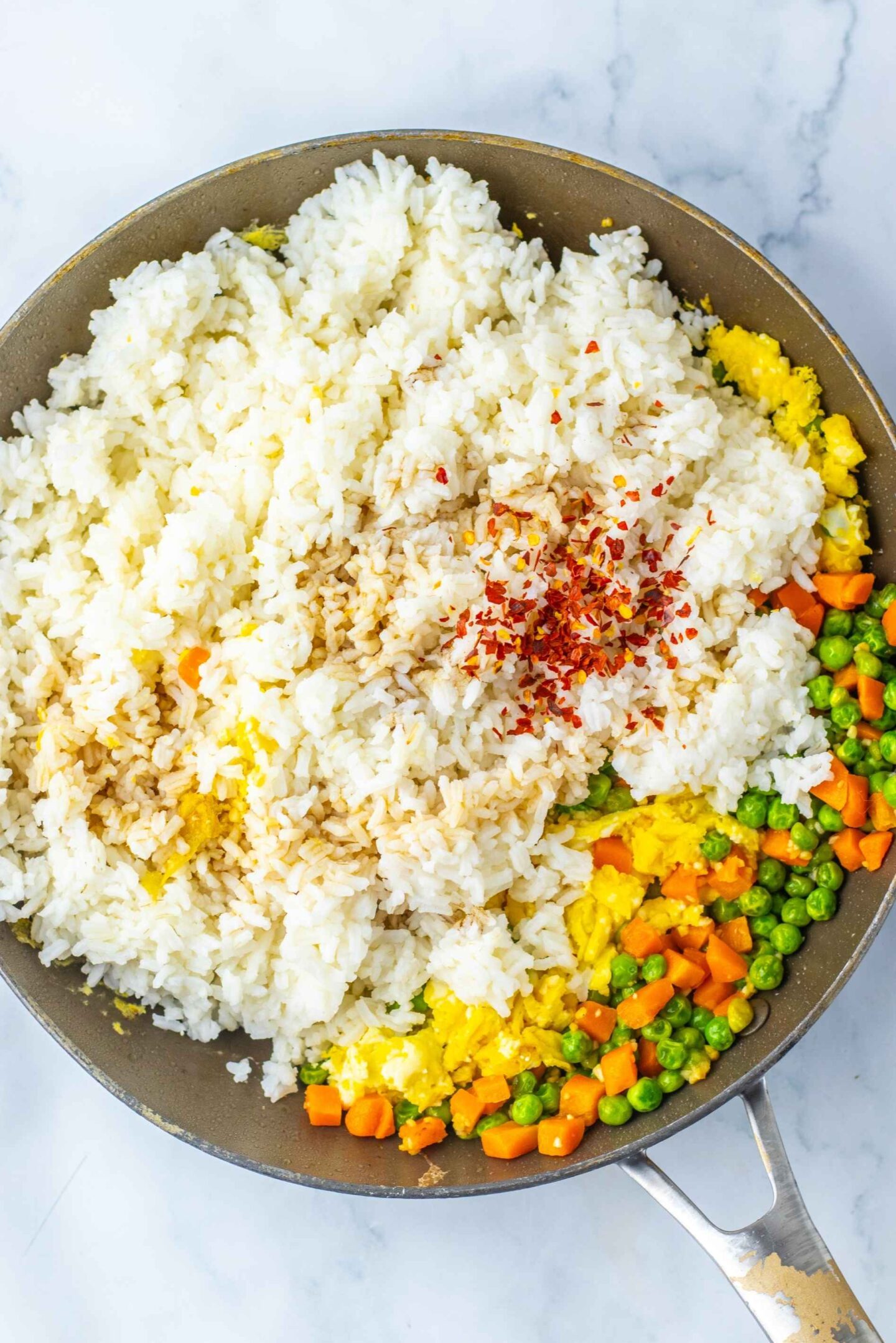rice in pan for fried rice