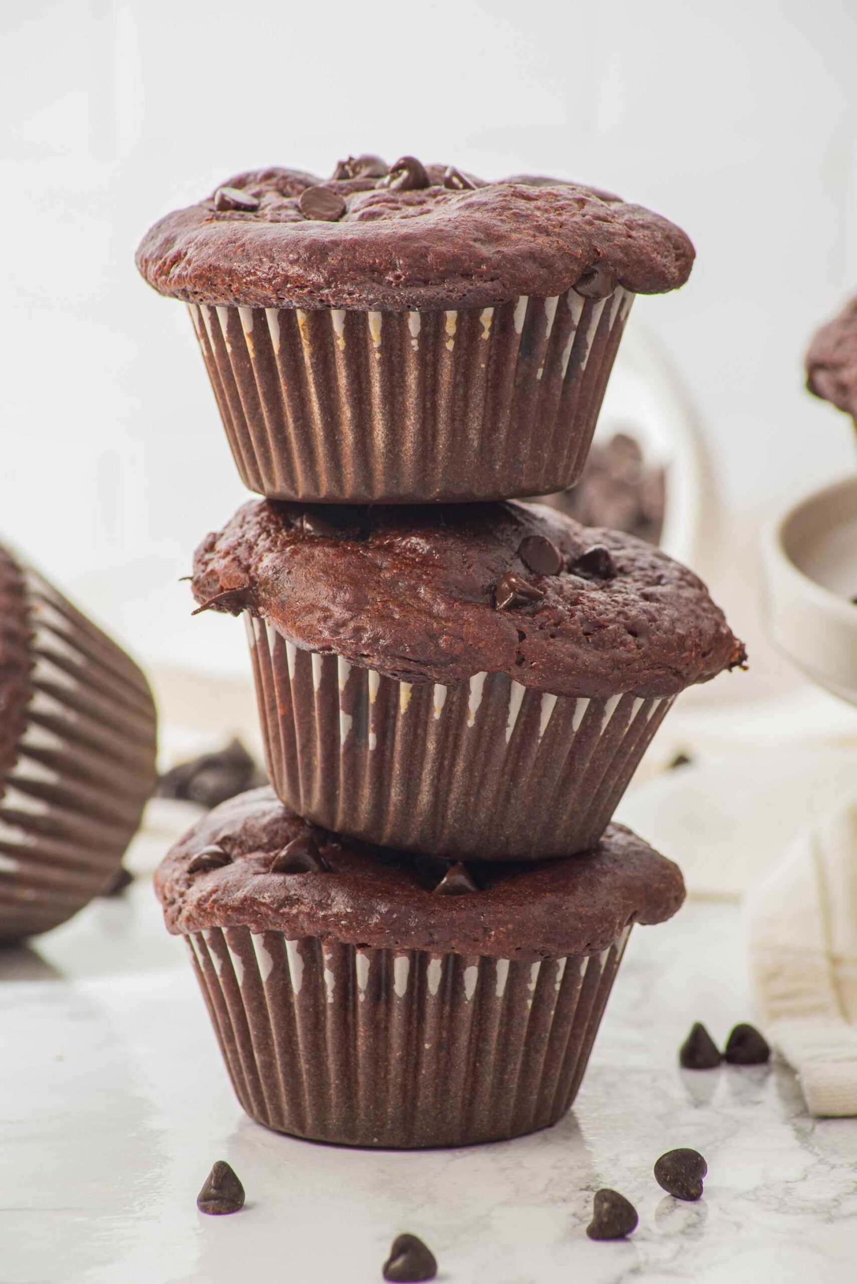 stacked chocolate protein cottage cheese muffins