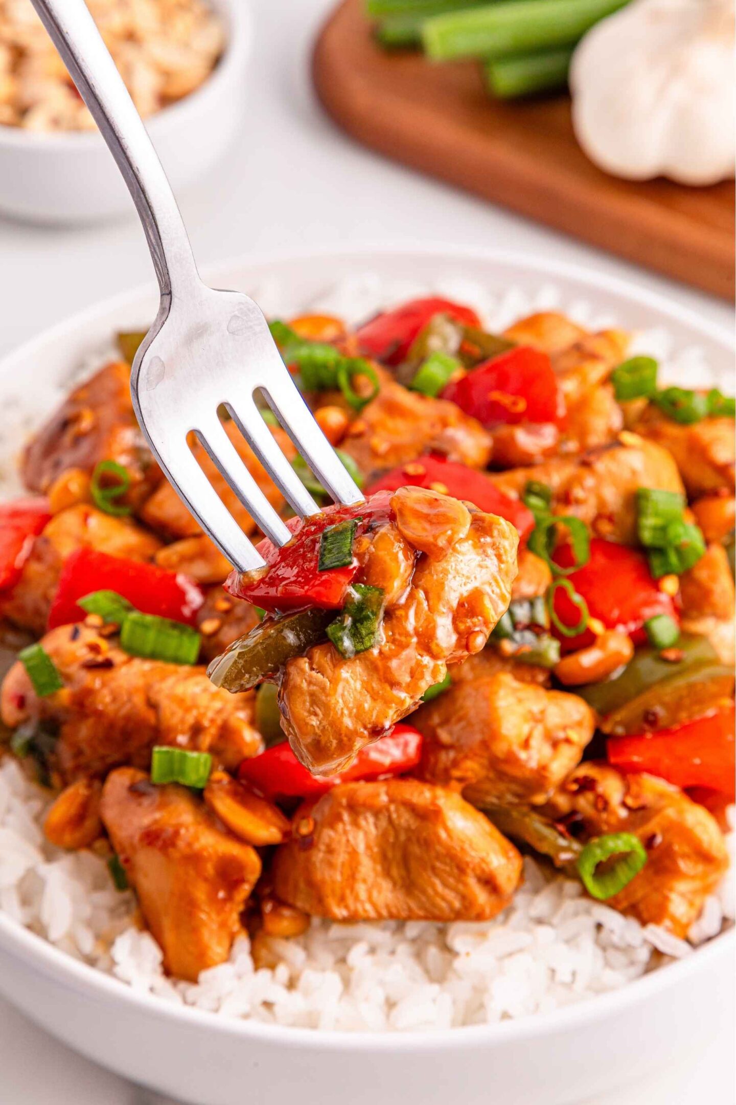 kung pao chicken on fork