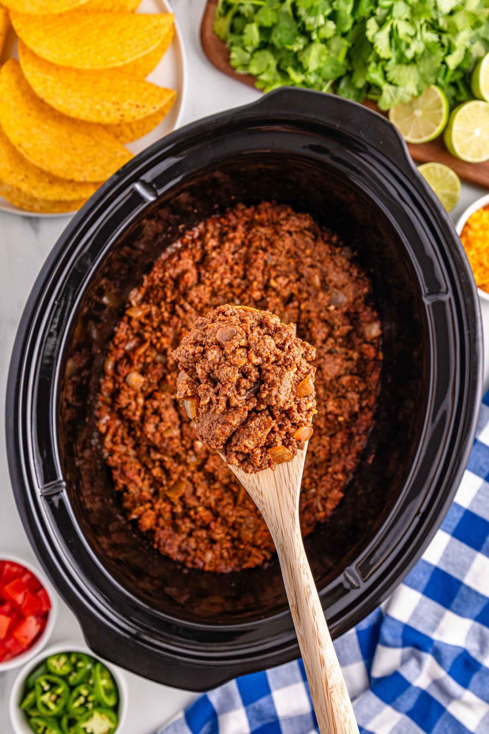 crockpot taco meat on spoon