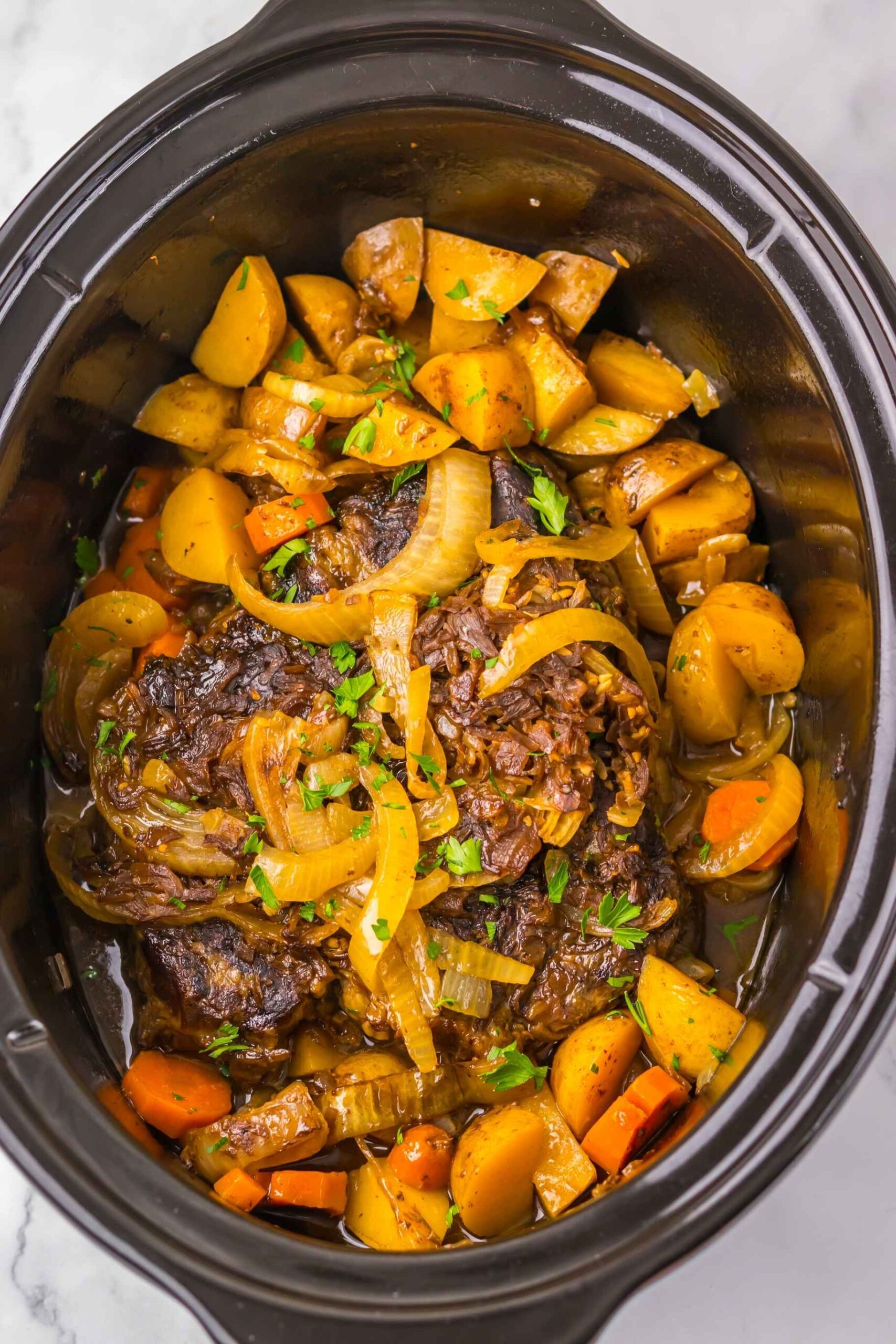 overhead crockpot french onion pot roast