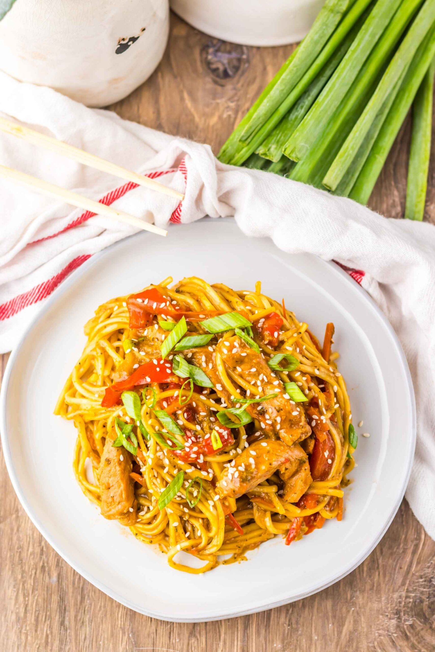 pork lo mein on plate