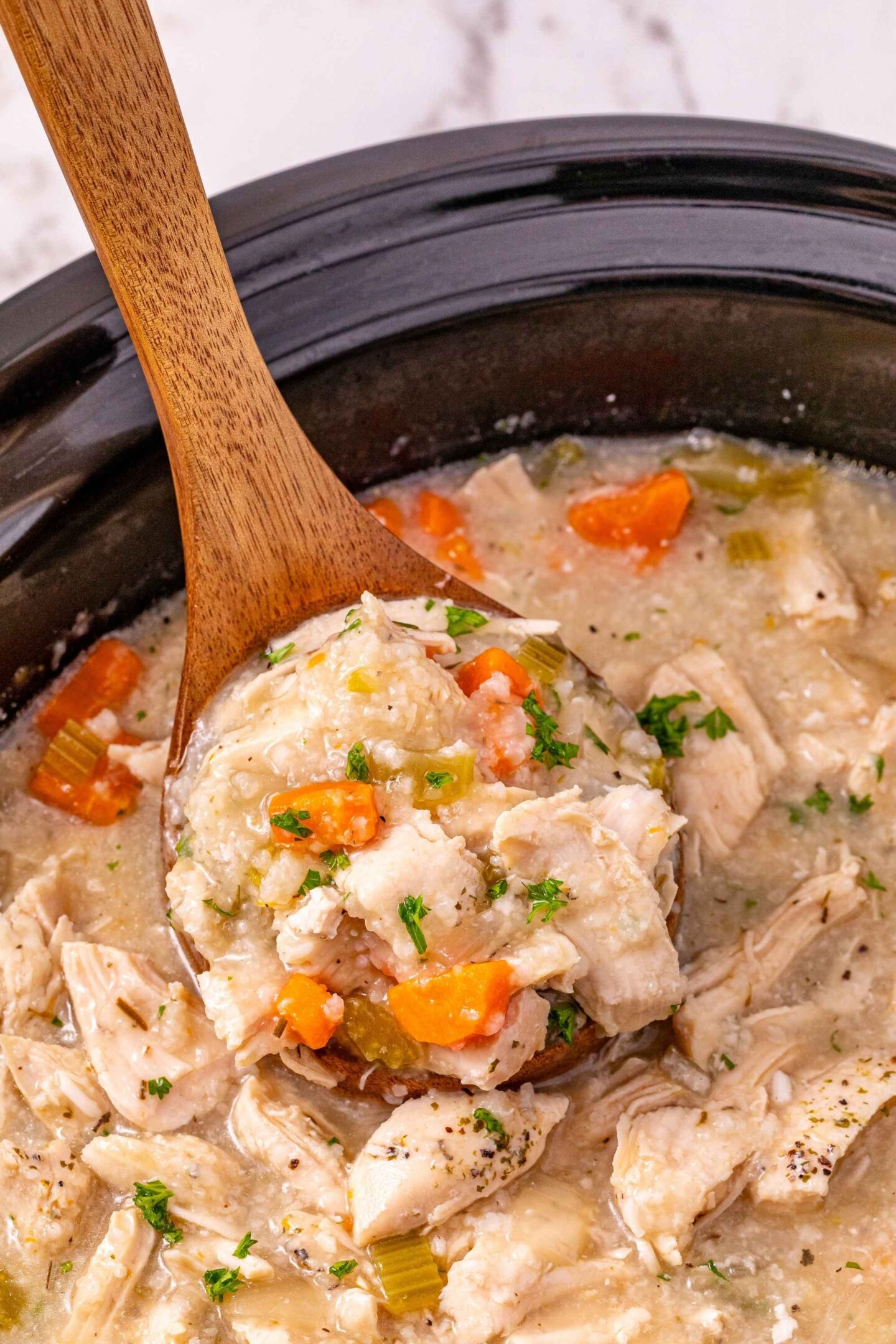 crockpot chicken soup on spoon