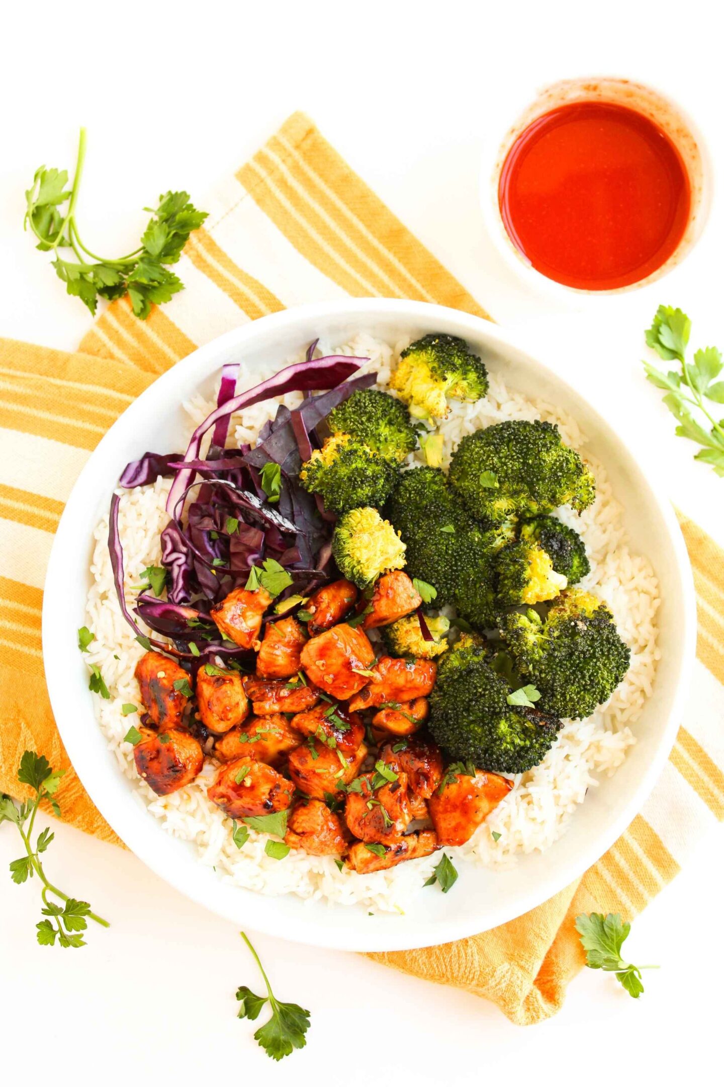 hot honey chicken rice broccoli bowl