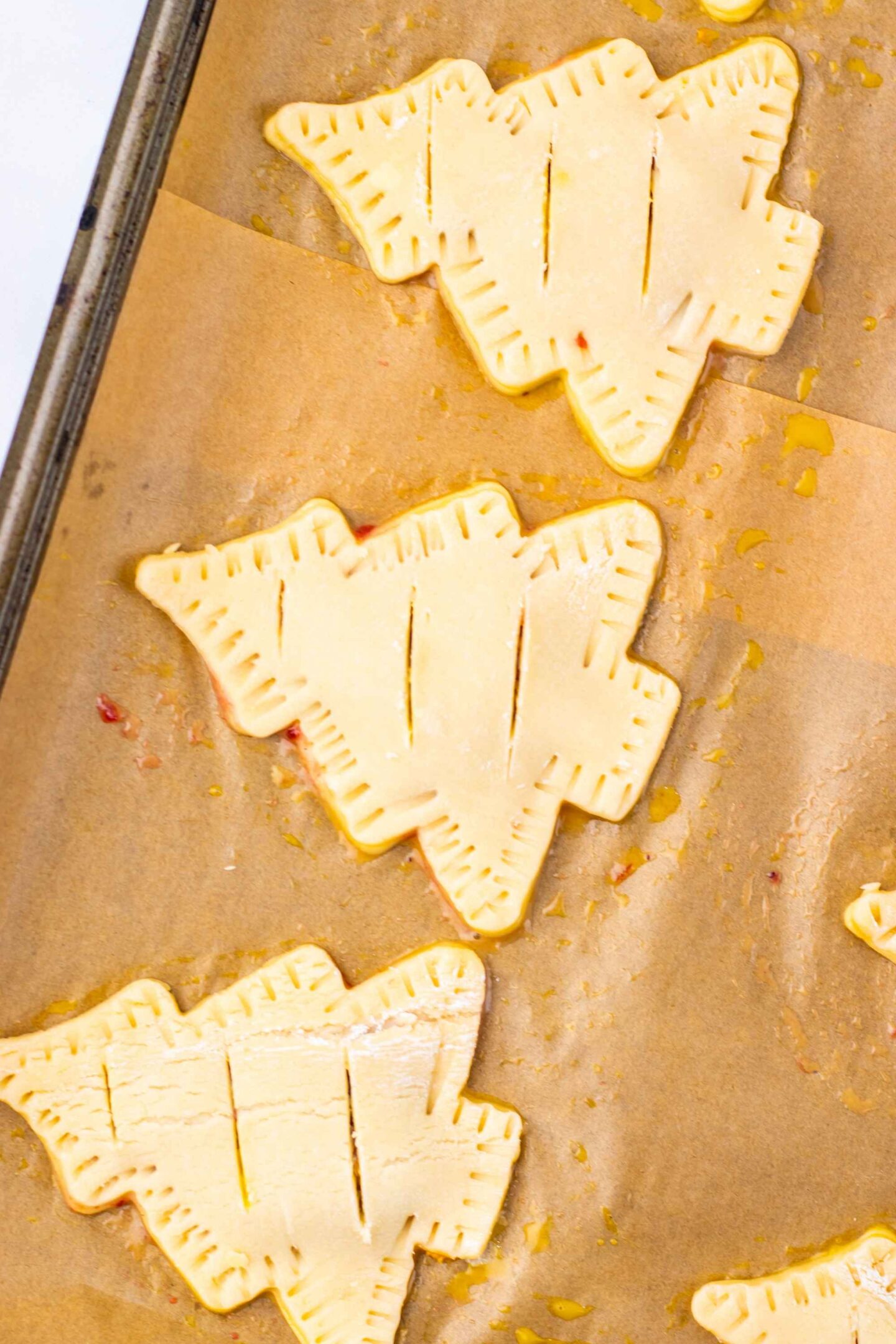 pastry xmas trees on baking tray