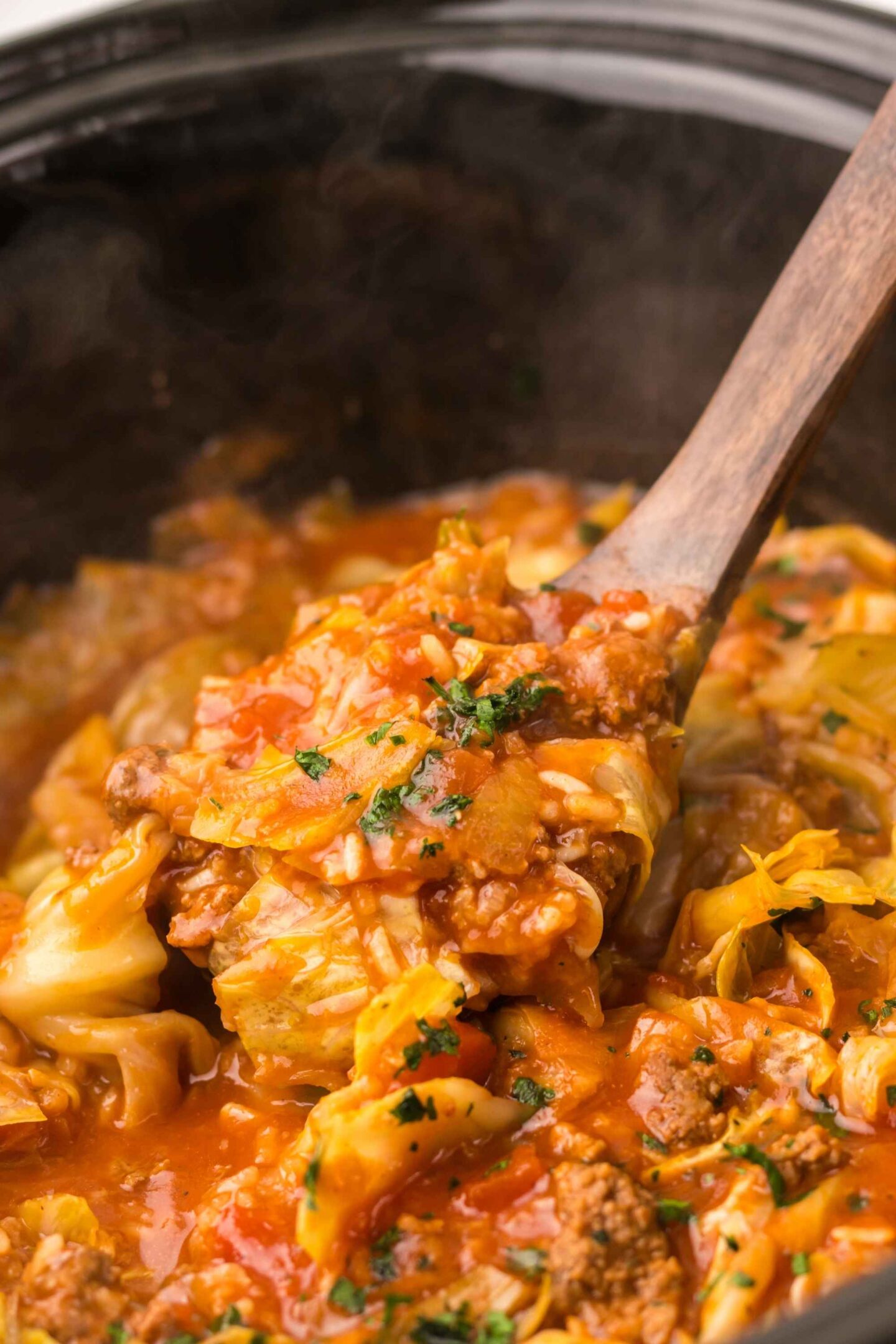 cabbage roll soup on spoon