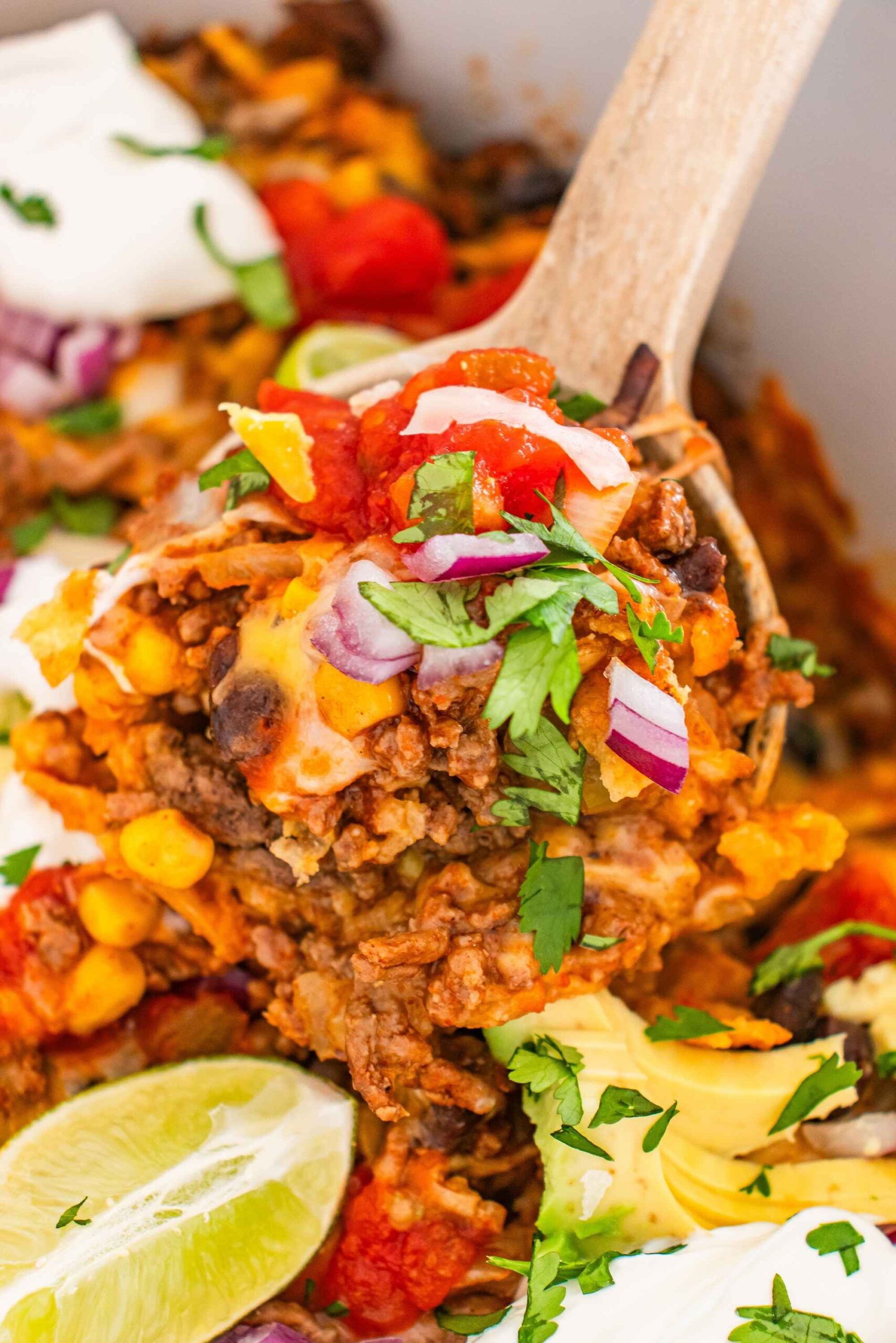 taco casserole on spoon