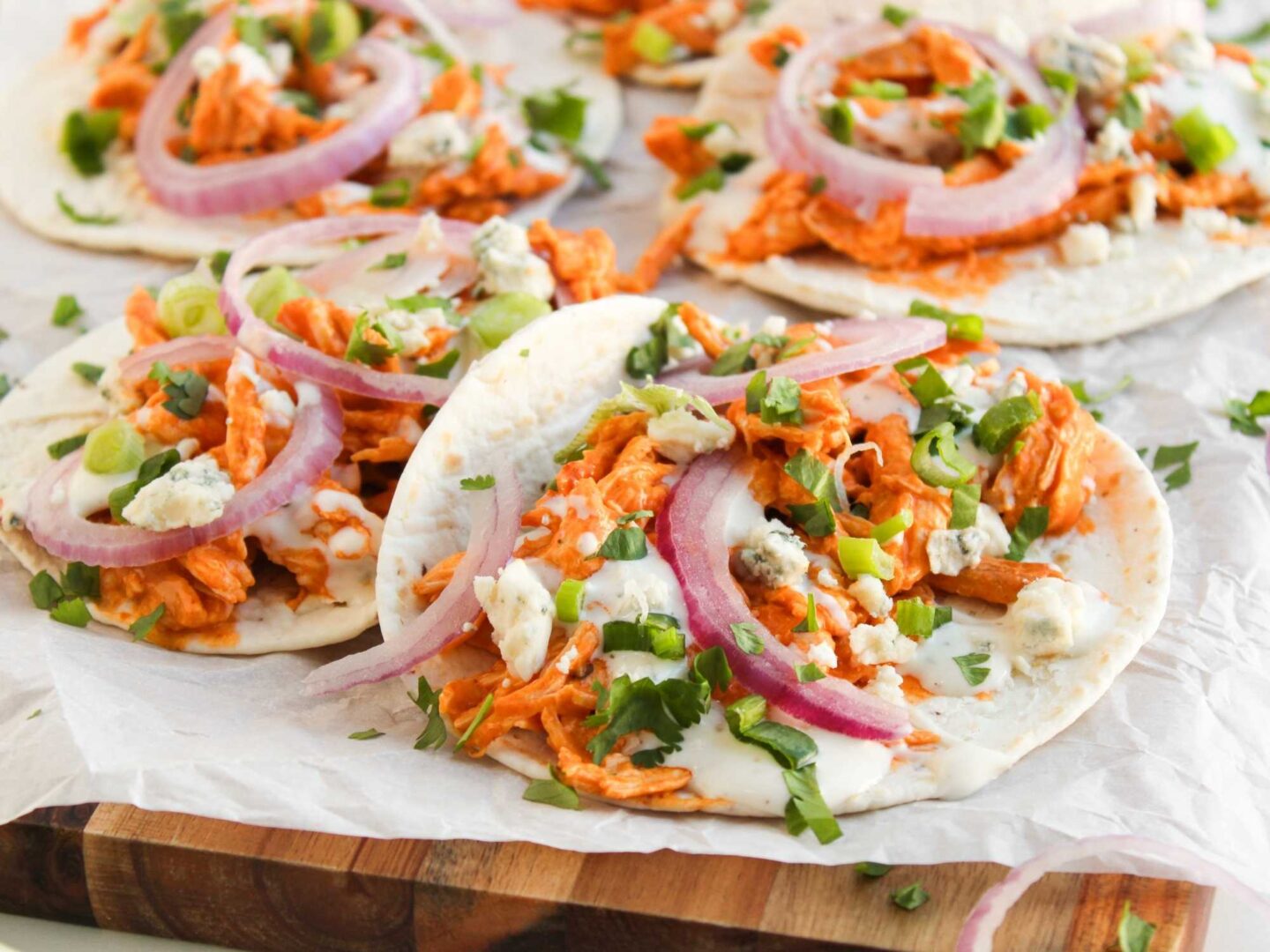shredded buffalo chicken tacos