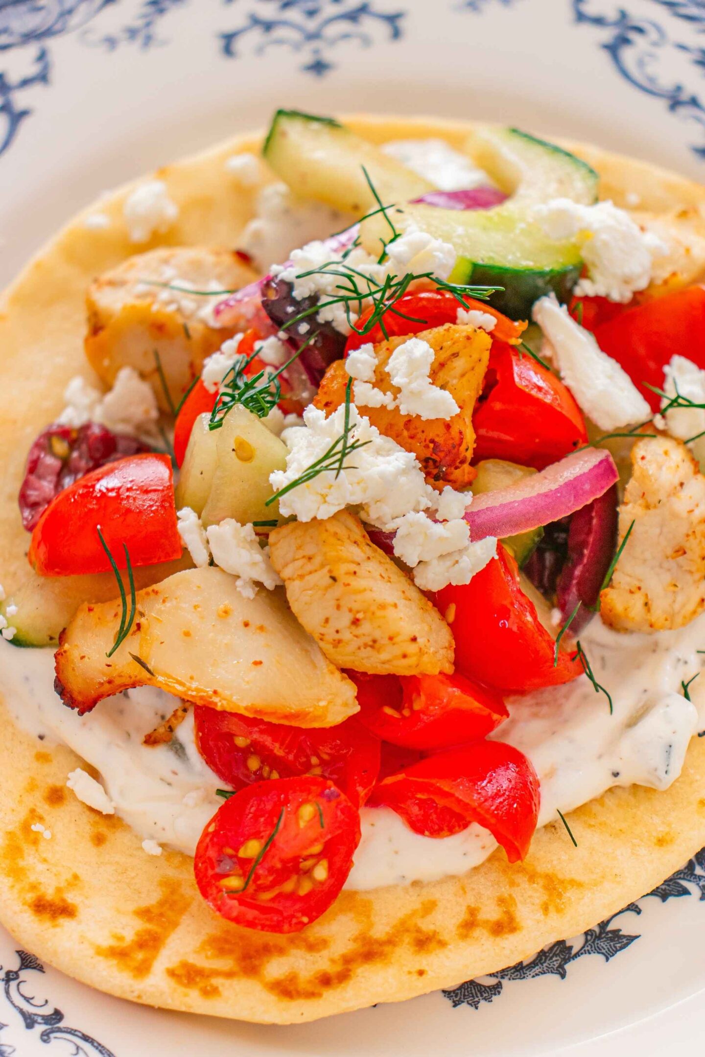 open greek chicken flatbread