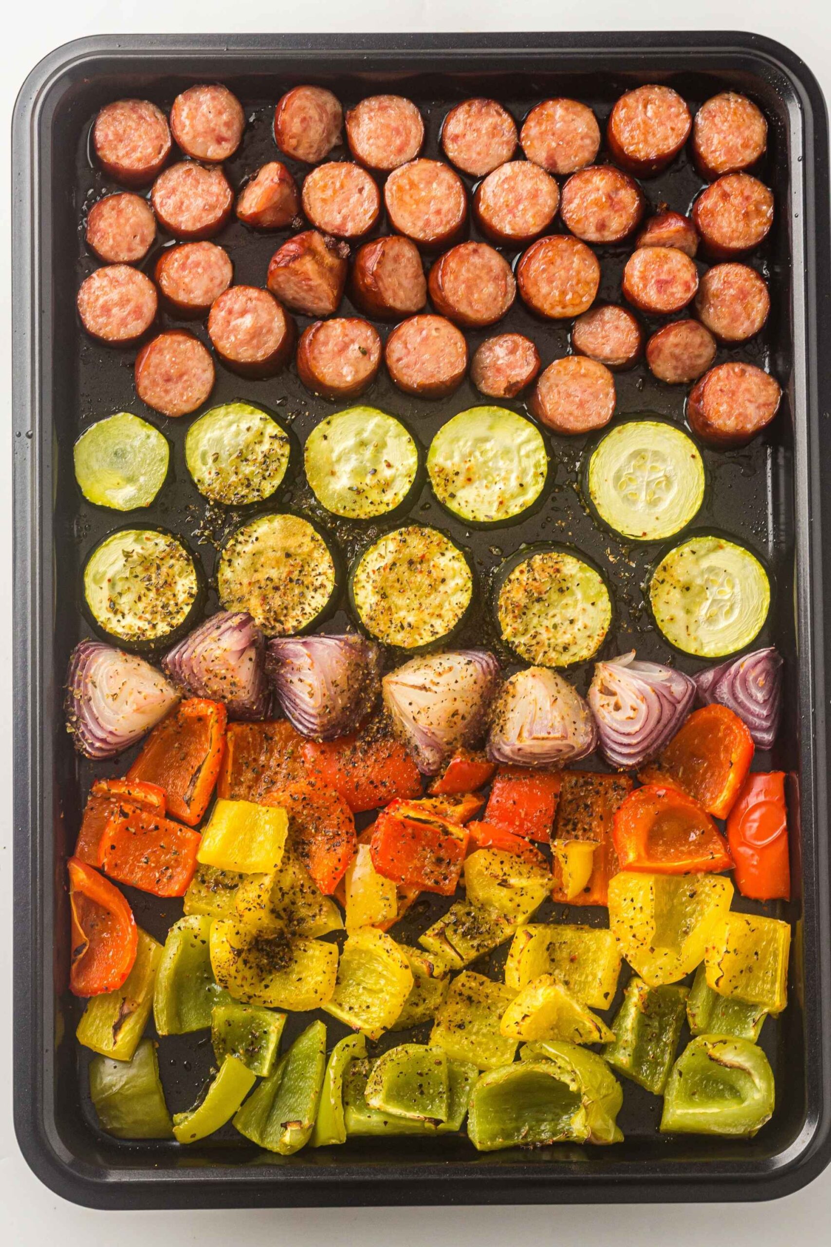 sheet pan sausage veggies traybake